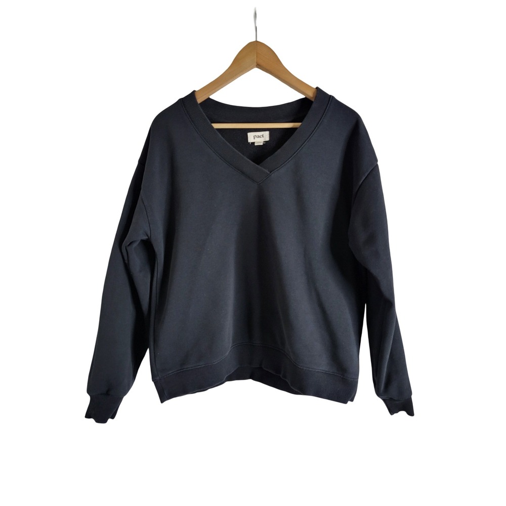 Pact Organic Cotton V-Neck Sweatshirt Black Drop Shoulder Pullover L Loungewear
